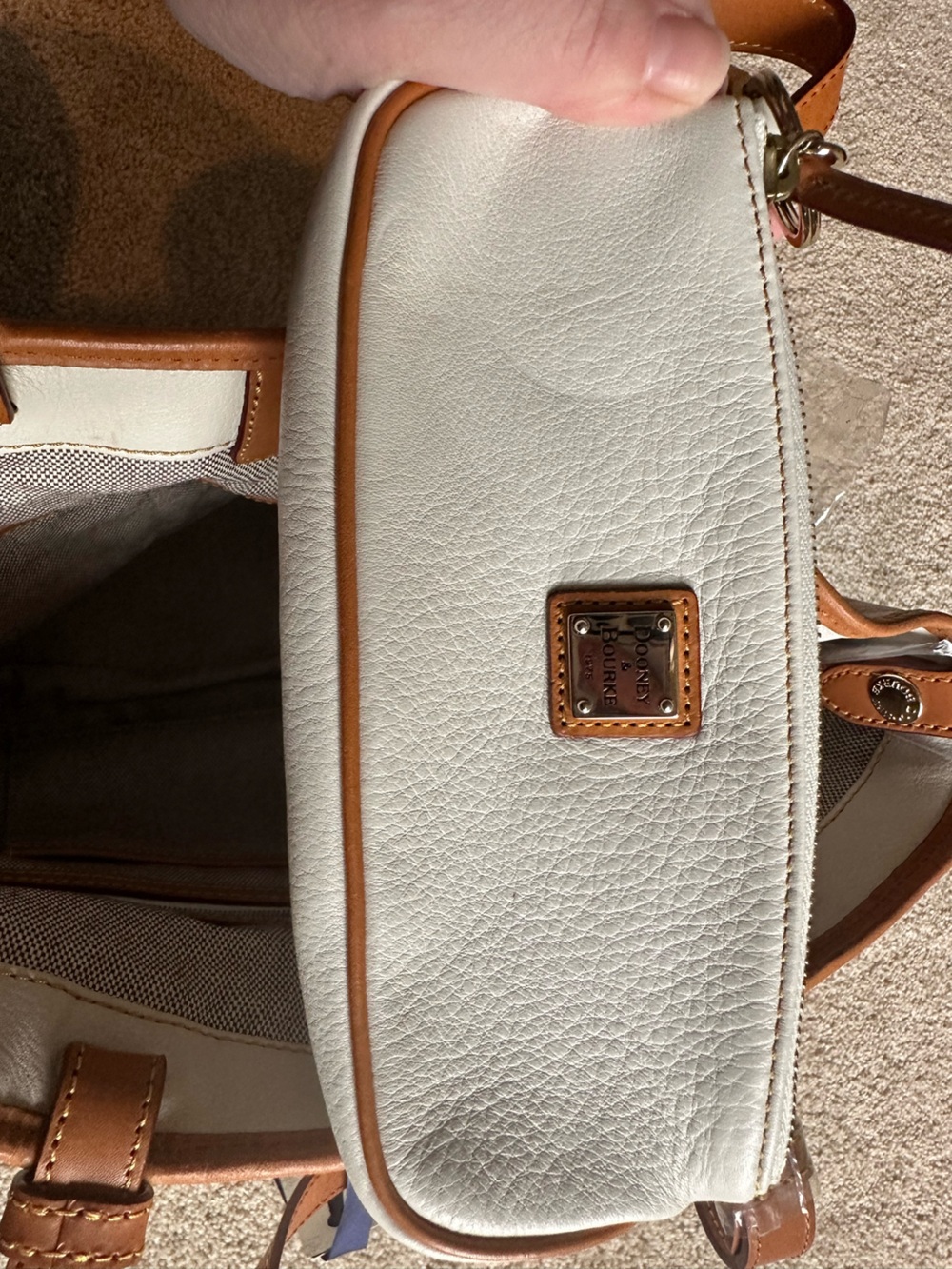 Dooney & Bourke White Pebble Leather Tote with Tan Trim - Picture 13 of 15